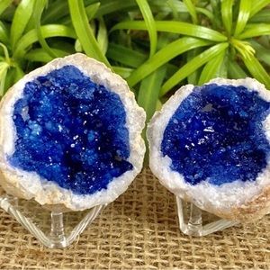 Blue Geode Pair W/Stands Crystal Quartz Gemstone Specimen Dyed Morocco Geode